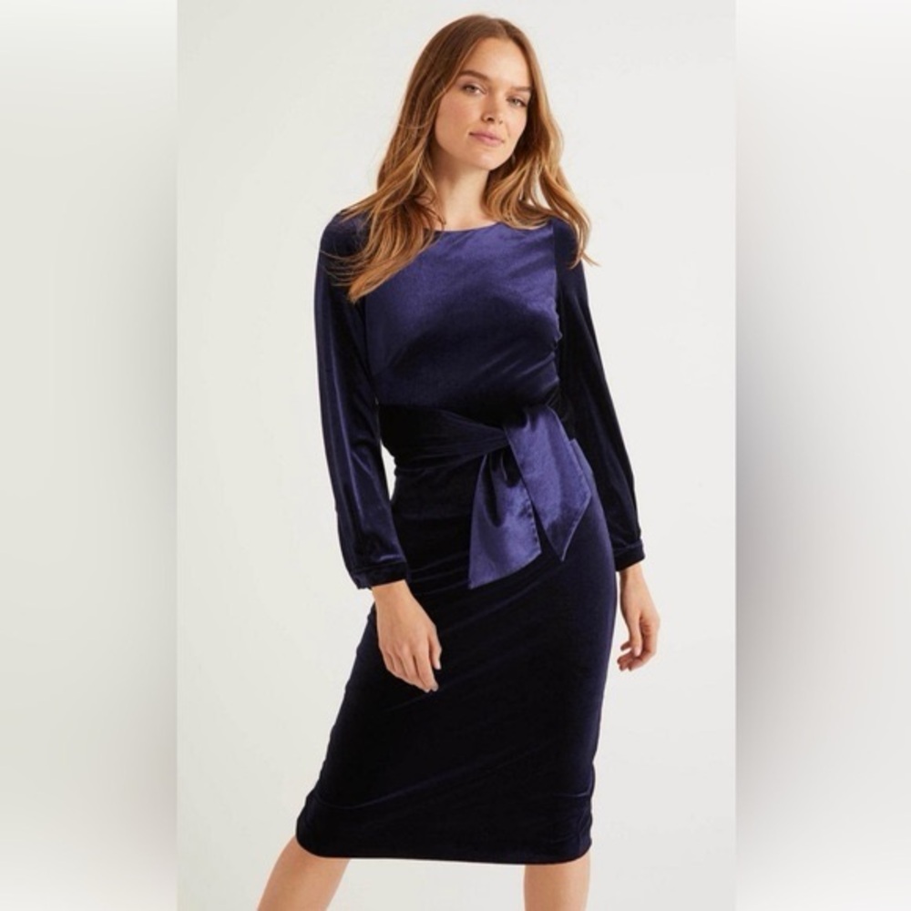Boden Julianna Midnight Blue Velvet Long‎ Sleeve Midi Dress Tie Waist NWT